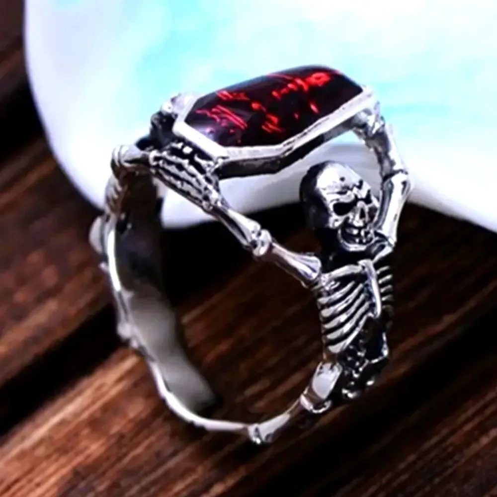 Hand crafted punk rock Zircon skull and casket men's ring sz 11